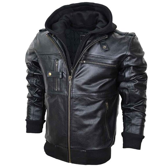 RIDERACT® Leather Motorcycle Jacket with Hood  Black Motorbike  Winter Jacket - Picture 3 of 8